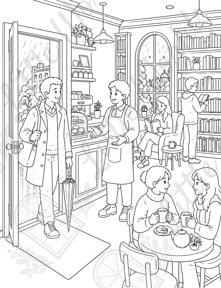 Escena interior: una tarde de lluvia en una librería-cafetería