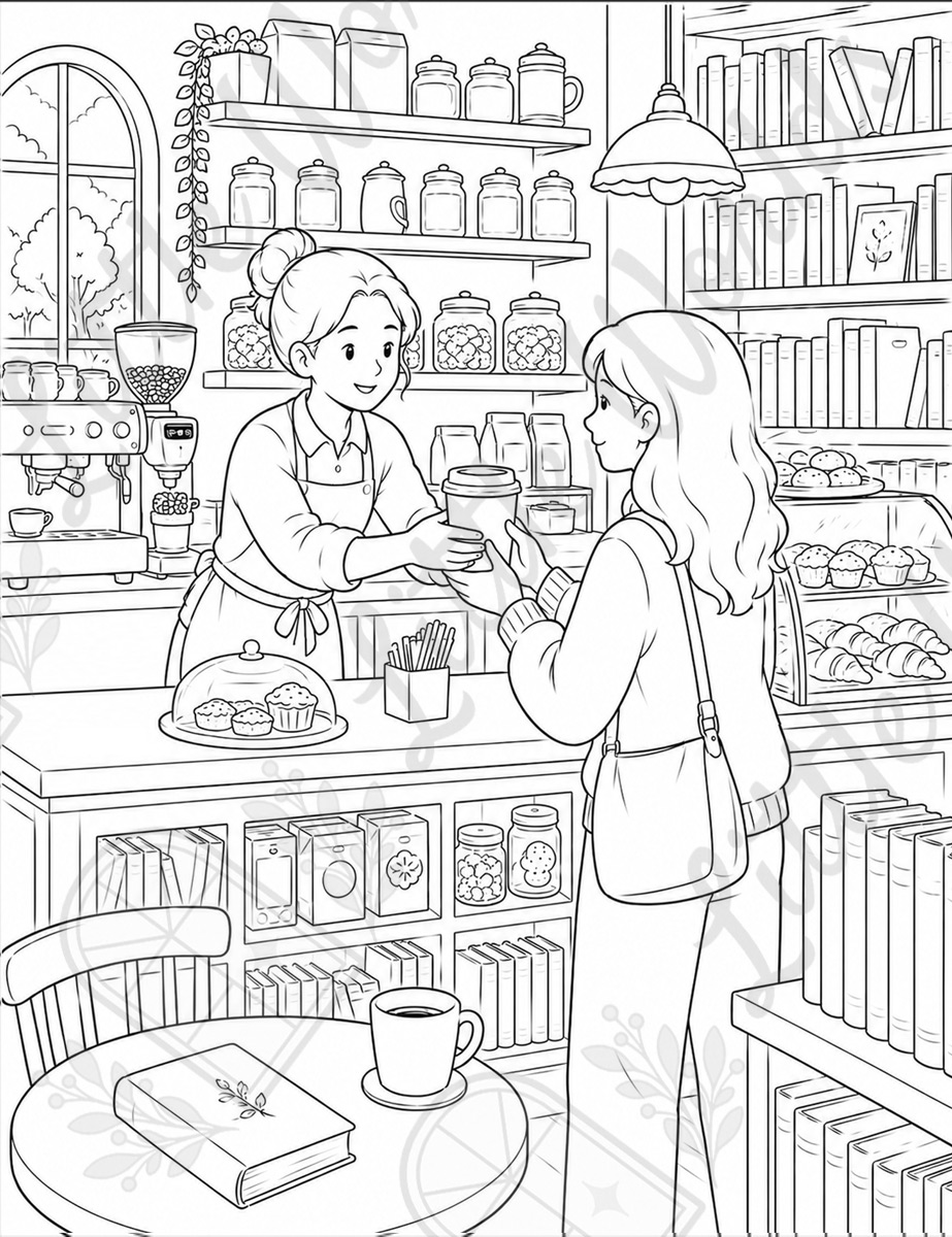 Escena interior: una clienta recoge su café en el mostrador