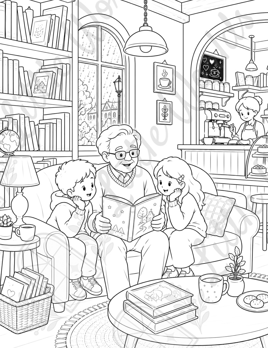 Escena interior: un abuelo comparte un cuento con sus nietos