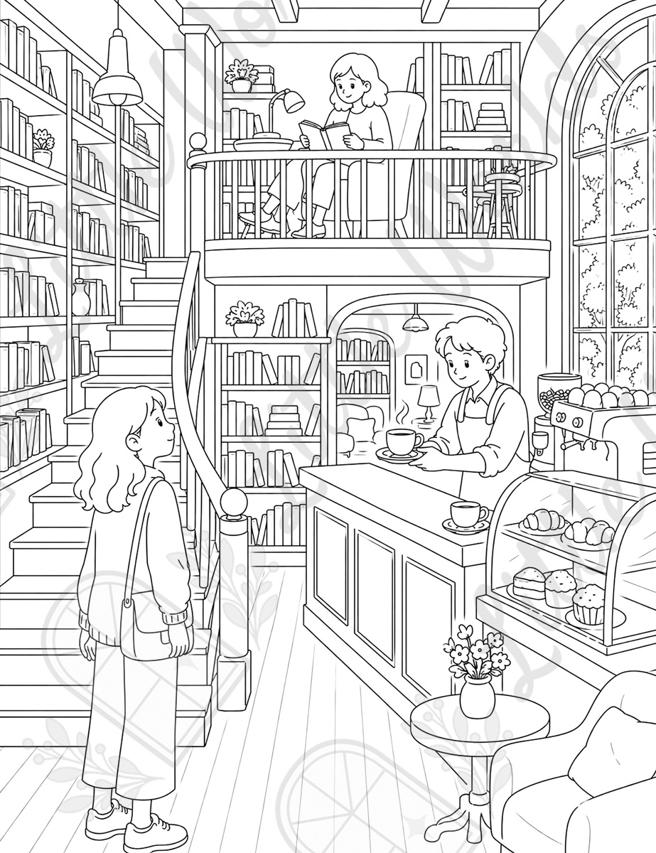 Escena interior: una librería-cafetería de dos alturas