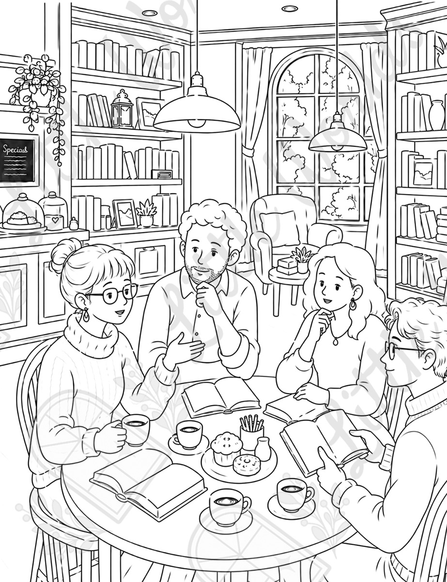 Escena de un club de lectura en una librería-cafetería