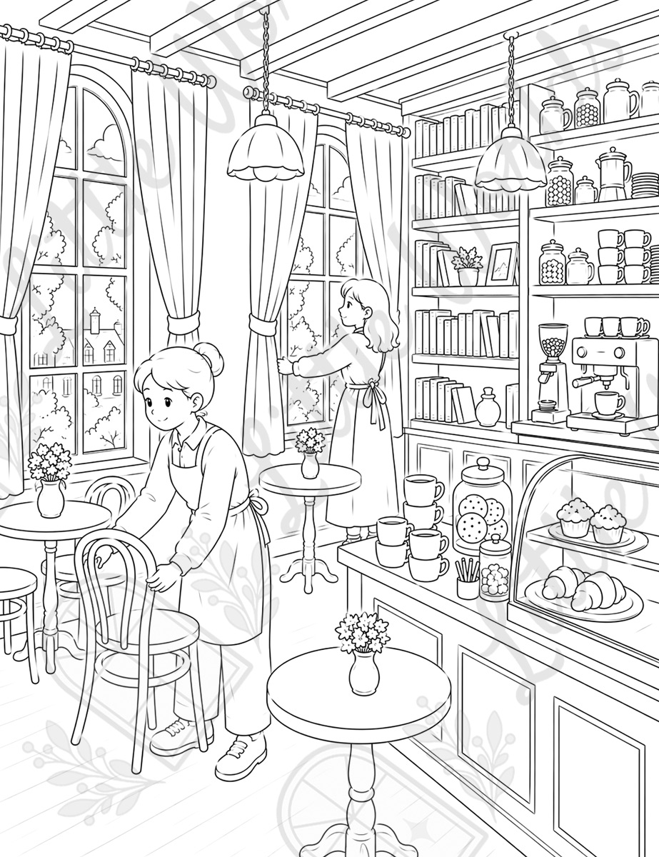 Escena interior: preparativos de apertura en una cafetería